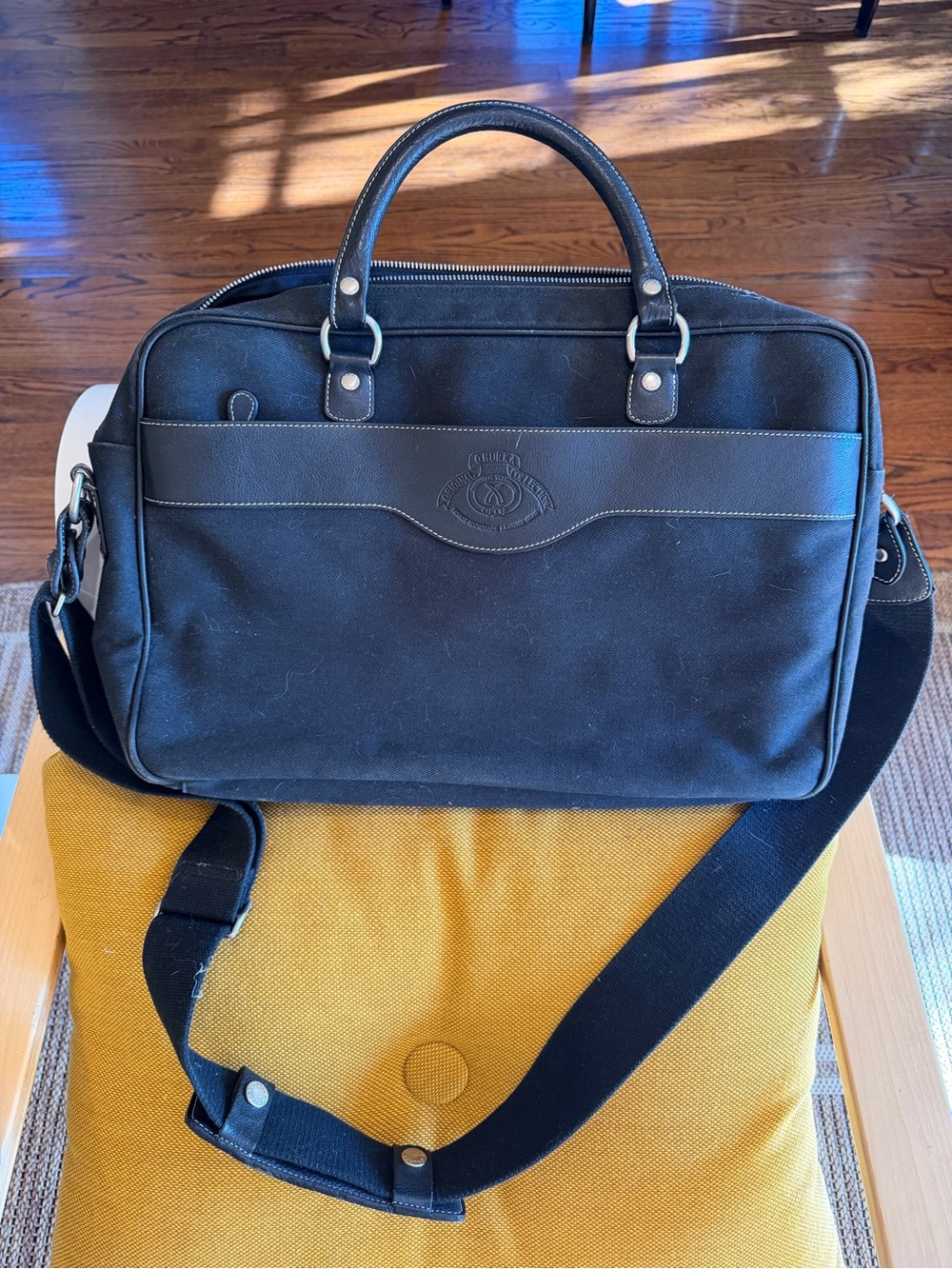 Ghurka Black Canvas Laptop Briefcase with Leather Trim